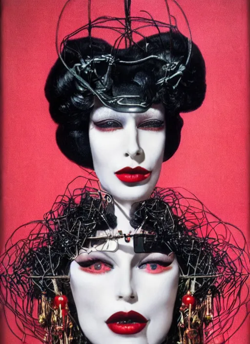 Image similar to an 8 0 s portrait of a woman with dark eye - shadow and red lips with dark slicked back hair, a mask made of wire and hanging beads, dreaming acid - fueled hallucinations, psychedelic by serge lutens, rolf armstrong, delphin enjolras, peter elson, red cloth background, frilled ruffled collar