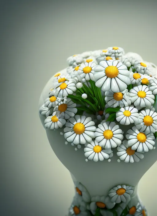 Prompt: perfume bottle blooming in a white enchanted coral garden of daisies, roses in an ivory, up close shot, sharp focus, global illumination, radiant light, alexandre ferra white mecha, irakli nadar, octane highly render, 4 k, ultra hd,
