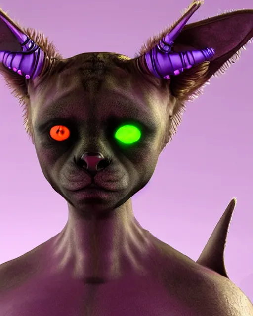 Image similar to pretty humanoid cat-like alien with horns instead of ears holding a laser rifle and the face of a hyena, futuristic, sci-fi purple fur, photorealistic CGI