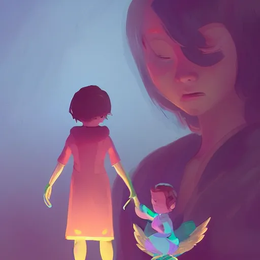 Image similar to Angel protecting child by james gilleard, very detailed, deviantart, artstation