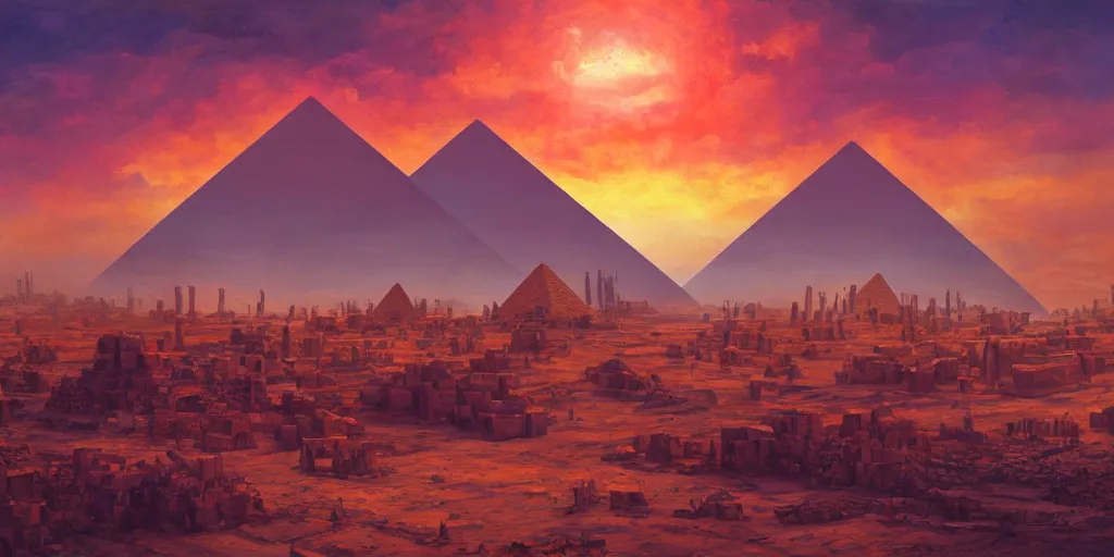 Prompt: an oil painting of a small city in the desert with only one pyramid in the center and walls that surround the city and a dark red sun, fantasy,hyper realistic, atmospheric lighting, cinematic, 8k,