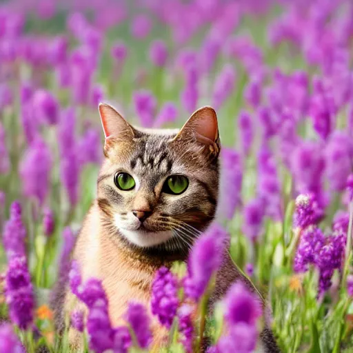 Image similar to a professional photograph of a cat in a field of flowers, high quality, highly detailed, cute, HD, 8K