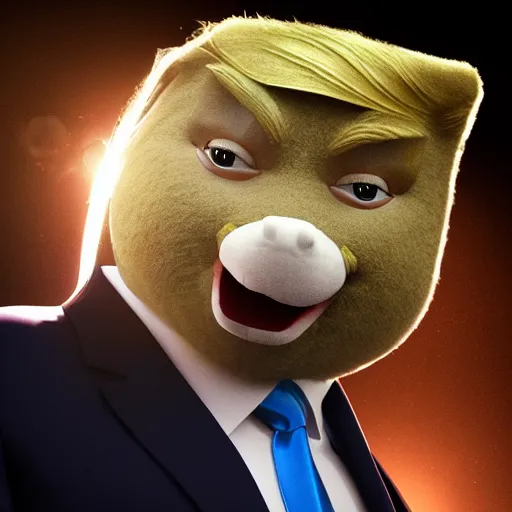 Image similar to portrait of donald trump fursuit, amazing splashscreen artwork, natural light, elegant, photorealistic felt texture, intricate, detailed, atmospheric lighting, anamorphic lens flare, cinematic lighting, hd wallpaper, ultra high details by greg rutkowski