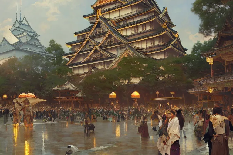 Image similar to a beautiful realistic painting of osaka castle festival, intricate, elegant, highly detailed, digital painting, artstation, concept art, by krenz cushart and artem demura and alphonse mucha