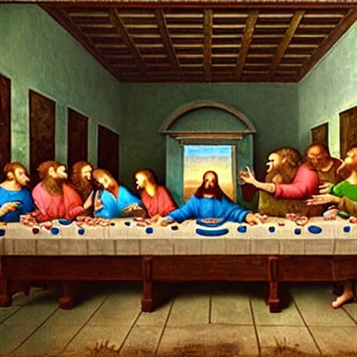 Prompt: The Last Supper by Da Vinci but Shrek instead of Jesus