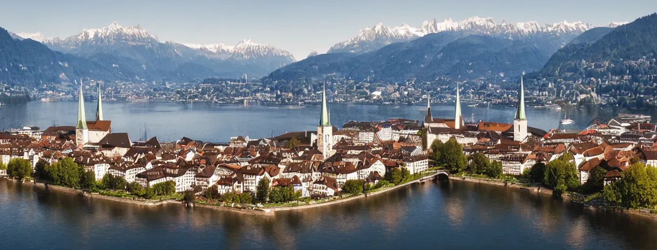 Image similar to Photo of Zurich, looking down the river at the lake and the alps, Hardturm, Grossmünster, wide angle, volumetric light, hyperdetailed, mountain water, artstation, cgsociety, 8k