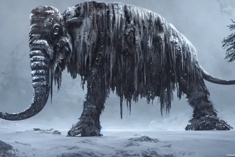 Image similar to a giant steampunk mammoth, post - apocalyptic ice landscape in snowstorm, concept art by hr giger, hyper detailed, unreal engine