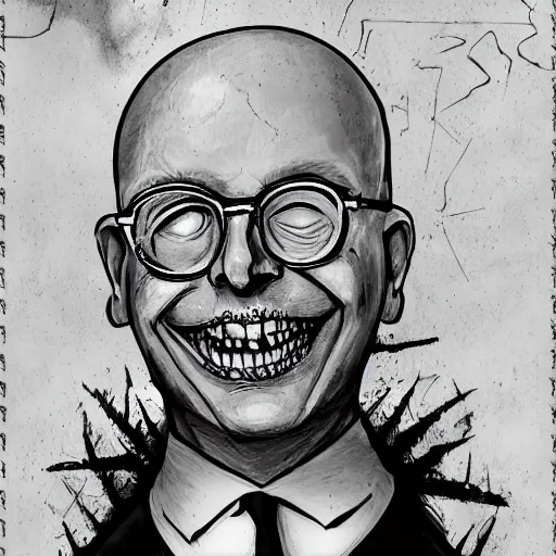 Image similar to grunge drawing of Klaus Schwab in the style of jack skellington and Jacob Shaw,creepy, surreal, trending on artstation, bold and vivid colour