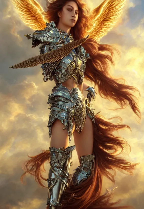 Prompt: A beautiful fierce angel with wings, wearing metal battle armor and a flaming sword, among heavenly sunlit clouds, intricate, elegant, detailed, digital painting, golden hour photography, medium shot, trending on artstation, concept art, smooth, sharp focus, illustration, art by artgerm and Greg Rutkowski and Alphonse Mucha