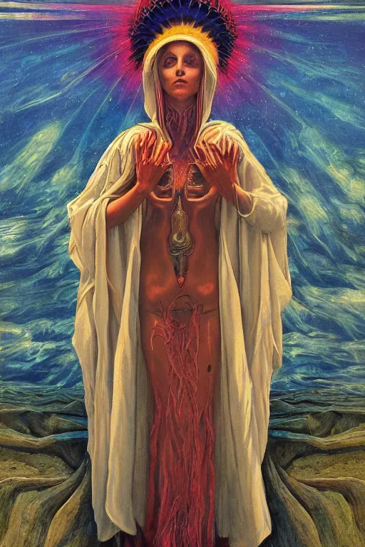 Prompt: gorgeous robed cult girl performing realism third eye ritual, expanding energy into waves into the ethos, epic surrealism 8k oil painting, portrait, depth of field, perspective, high definition, post modernist layering, by Ernst Fuchs, Gerald Brom