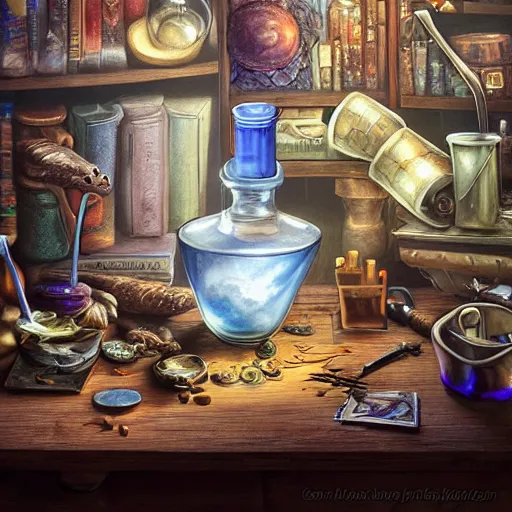 Prompt: hyper real, table, wizards laboratory, tony sart, mortar, pestle, scales with magic powder, energy flowing, magic book, beakers of colored liquid