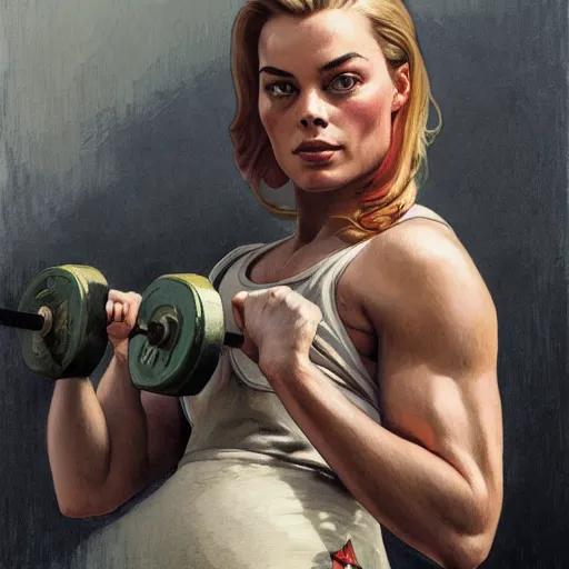 Prompt: socialist realism propaganda poster of margot robbie as beautiful female weightlifter, portrait, profile picture, socialist realism, highly detailed, intricate, digital painting, artstation, sharp focus, illustration, art by jakub rozalski, greg rutkowski, artgerm, tan zi and ayanamikodon and alphonse mucha and wlop