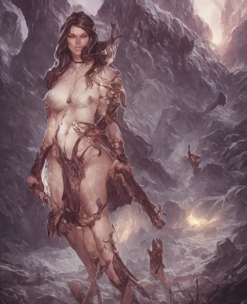 Image similar to demoness female, glacier landscape, norway, D&D, fantasy, intricate, elegant, highly detailed, digital painting, artstation, octane render, concept art, matte, sharp focus, illustration, hearthstone, art by Artgerm and Greg Rutkowski and Alphonse Mucha