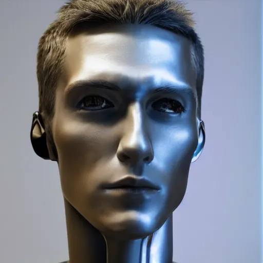 Image similar to a realistic detailed photo of a guy who is an attractive humanoid who is half robot and half humanoid, who is a male android, twitch streamer g, shiny skin, posing like a statue, blank stare, at the museum, on display