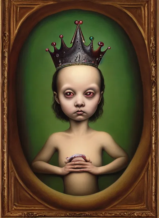 Prompt: Oil painting - a regular earthworm with a tiny little crown peeking out form a hole, Masterpiece, Mark Ryden, Wolfgang Lettl highly detailed, hints of Yayoi Kasuma