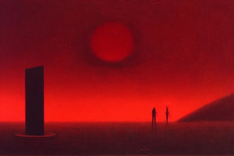 Image similar to only with red, red gif of death eat apple, a futuristic city in the background, an ancient path, in the style of beksinski, part by hopper, part by rodcenko, part by hofbauer, intricate composition, red by caravaggio, insanely quality, highly detailed, masterpiece, red light, artstation, 8 k