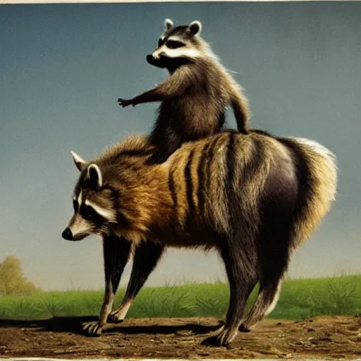 Image similar to a raccoon riding a horse, photorealist