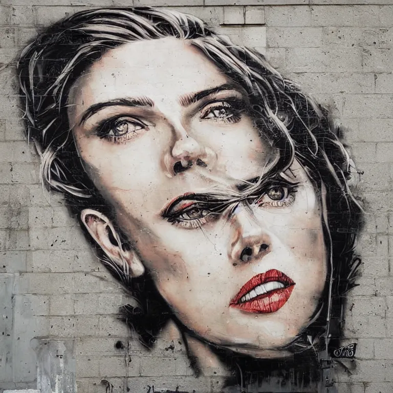 Prompt: Detailed street-art portrait of Scarlett Ingrid Johansson in style of Banksy