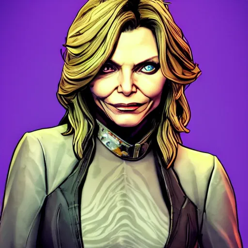 Image similar to michelle pfeiffer portrait, borderlands, tales from the borderlands, the wolf among us, comic, cinematic lighting, studio quality, 8 k