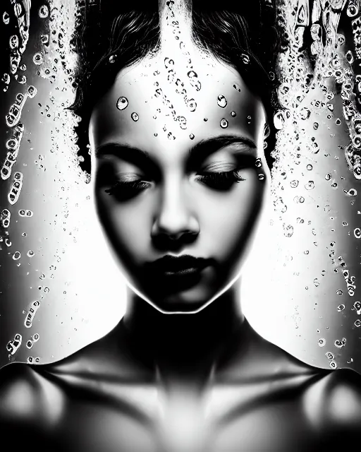 Image similar to black and white dreamy spiritual female water - cyborg high quality portrait photo, microchip leaves, artificial intelligence, cinematic, rim light, photo - realistic, elegant, high detail, 8 k, masterpiece, high fashion, in the style of man ray