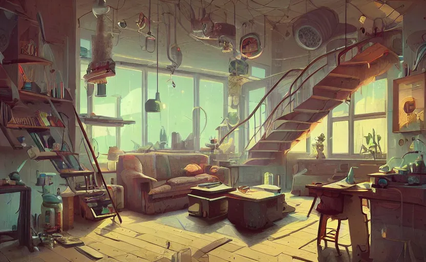 Image similar to Interior shot of a cozy loft by Petros Afshar and Beeple, James Gilleard, Mark Ryden, Wolfgang Lettl highly detailed