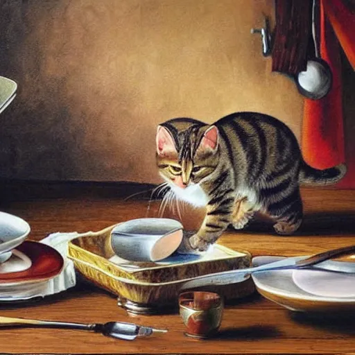 Prompt: tabby cat having a battle royale with dishes on a tabletop, highly detailed painting, epic painting