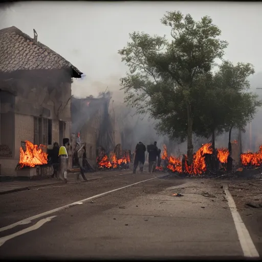 Image similar to village on fire. people run away of the place.