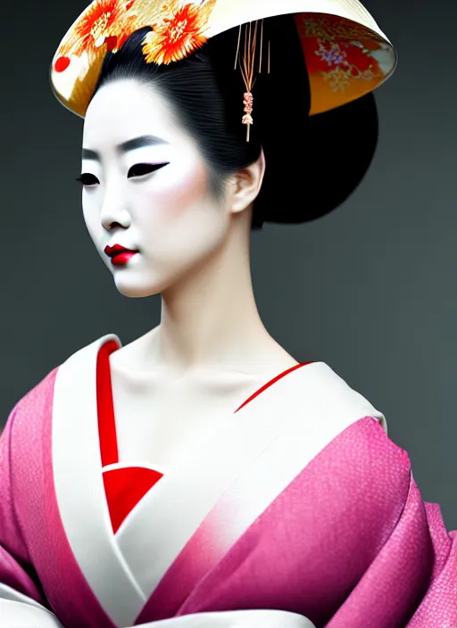 Image similar to Geisha photo portrait, beautiful makeup, pearlescent skin, elegant pose, highly detailed kimono, photorealism, artstation, different point of view, sharp focus, photorealistic, soft diffuse lights, canon 5D 50 mm lens, zen natural background, def of field