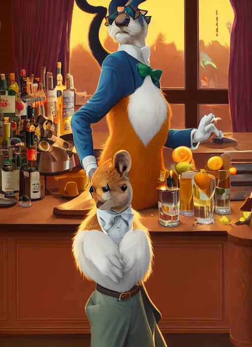 Image similar to squirrel anthro as a dapper bartender with a big, fluffy tail, retro futurism, art deco, detailed, painterly digital art by WLOP and Cory Loftis and Maxfield Parrish, 🐿🍸🍋, furaffinity, trending on artstation