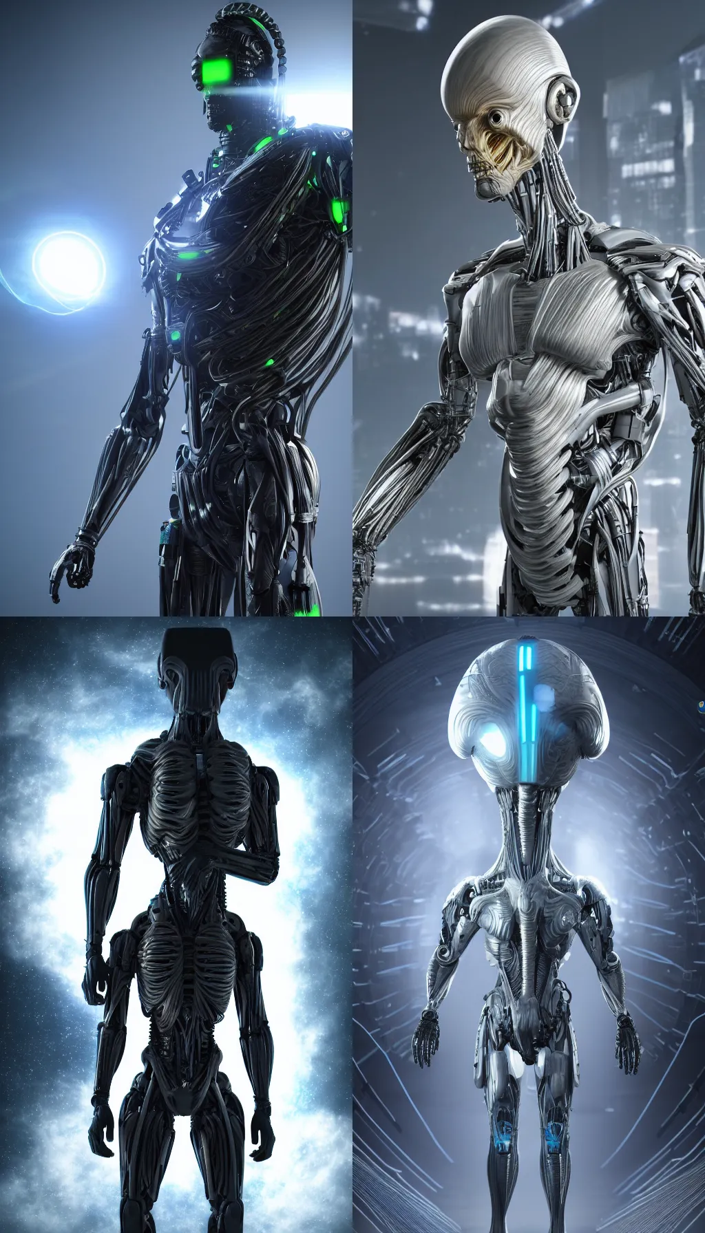 Image similar to tall muscular alien cyborg with huge head in fiber optic exo suit, 8k, octane render