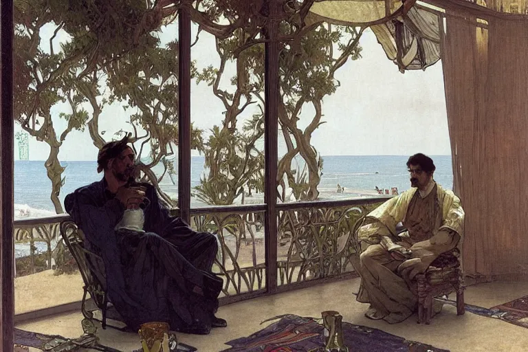 Prompt: a matte painting of a man sitting down and having a cup of tea in his house by the beach, by greg rutkowski, alphonse mucha, muted colors