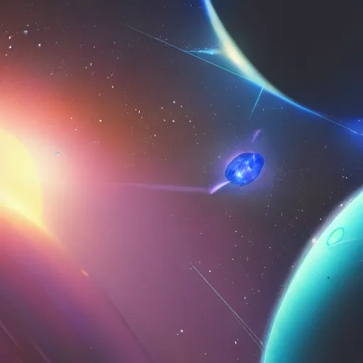 Image similar to big black hole drags planet nearby, nebula, spaceship flies in the distance, 4 k, detailed, concept art, cinematic view