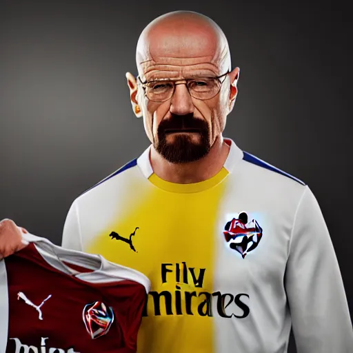 Image similar to Walter White signing for Arsenal, official, high detail, 4k, serious, studio lighting, epic, professional, sharp focus