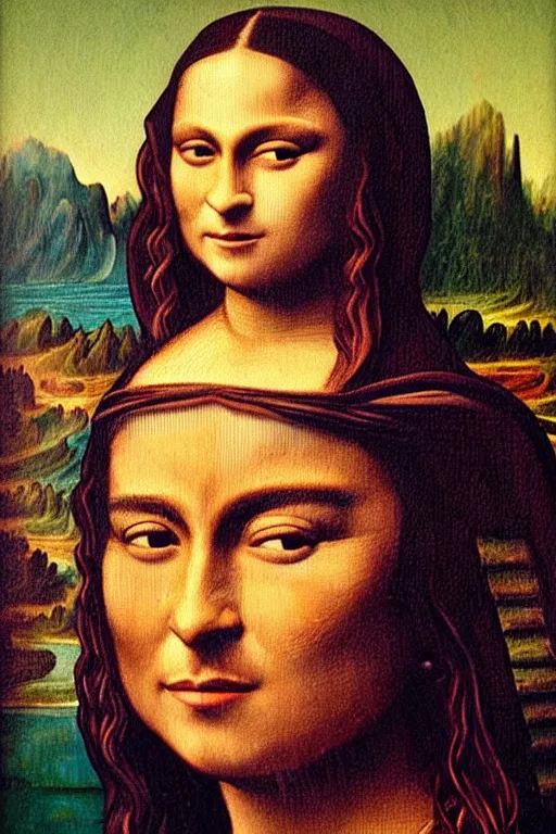 Image similar to “Mona Lisa in the style of Frida Kahlo”