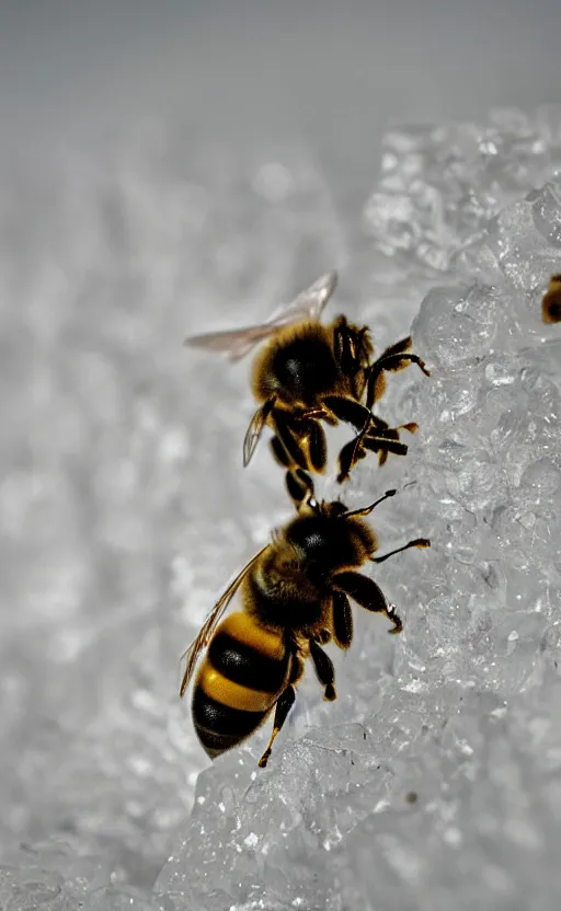 Image similar to the last bee entrapped under a sheet of ice, beautiful macro photography, cold ambient light