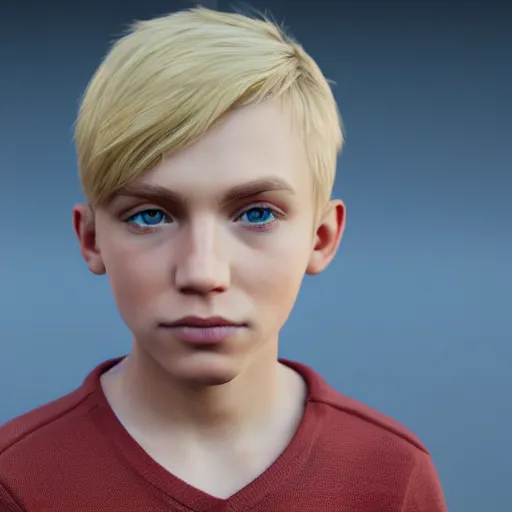 Image similar to a detailed portrait of boy with blonde hair and blue eyes, unreal engine 5 rendered, incredibly highly detailed and realistic, 8 k, sharp focus, studio quality