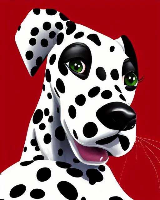 Image similar to digital painting full body of anthropomorphic furry female dalmatian dog, in style of zootopia, female fursona, furry, furaffinity, 4 k, deviantart, furry art, fursona art, wearing a black hoodie, dog fursona, female, cute detailed feminine face,