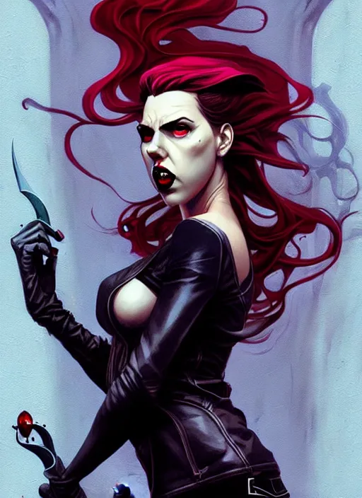 Image similar to rafael albuquerque comic art, art nouveau, peter mohrbacher, artgerm, pretty scarlett johansson vampire sharp vampire teeth open mouth, symmetrical eyes, black leather jacket, jeans, long blonde hair, full body