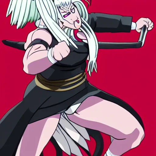 Prompt: sakura ogami from danganronpa, a female japanese gigachad with long white hair, lots of muscles, a feminine dress, and angular features