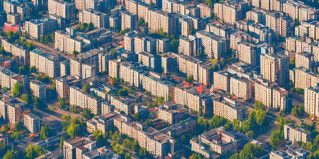 Image similar to bird's eye view photograph of a low income highrise geometric Russian city, apartments, train station, avenues. Square with a statue of leader