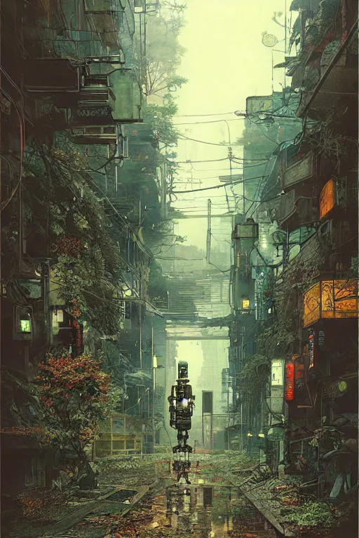 Image similar to vintage autochrome photo of ancient overgrown cyberpunk tokyo with robot by marc simonetti, night, rain, flowers, beautifully lit, hyperdetailed, unreal engine, photorealistic