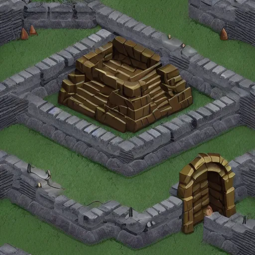 Prompt: forbidden catacombs, isometric 2 d asset featuring stone walls, stairs, tombs, altars, dead trees, rocky tunnels, highly detailed, trending on itch. io, high definition, 8 k, centered