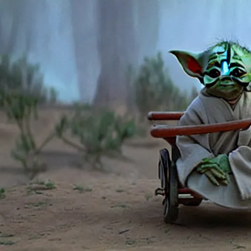 Image similar to a film still of baby yoda's kid riding a wagon to get together station in star wars realistic, detailed