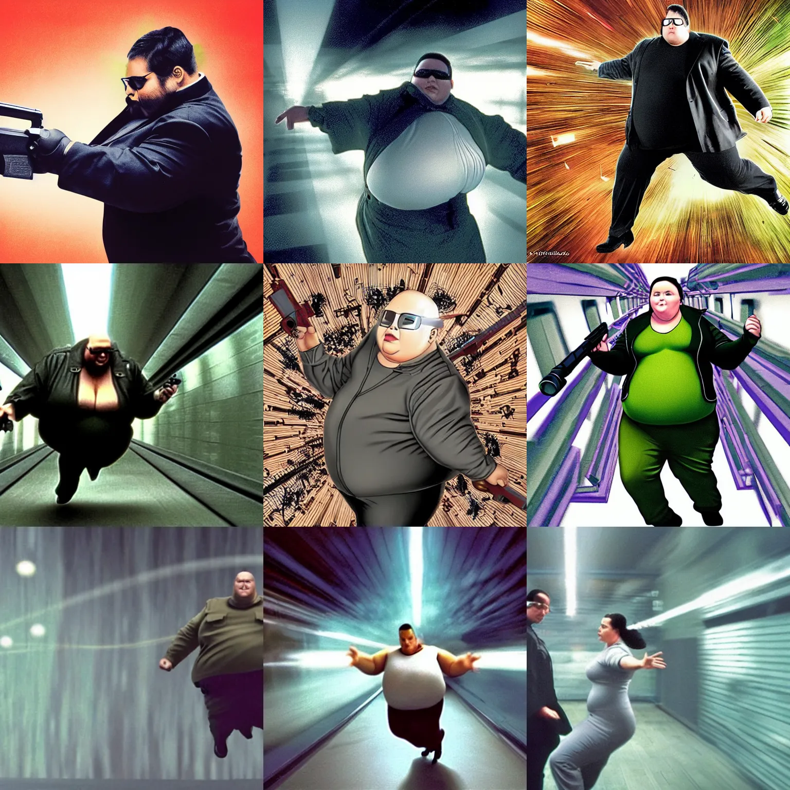 Prompt: obese neo flying in the matrix while shooting gun