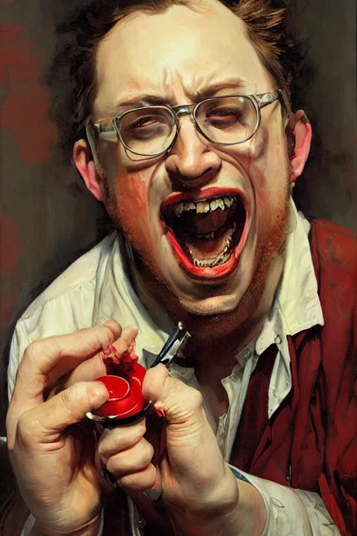 Prompt: ugly, bloated, red faced sam hyde, screaming, painting by jc leyendecker!! phil hale!, angular, brush strokes, painterly, vintage, crisp