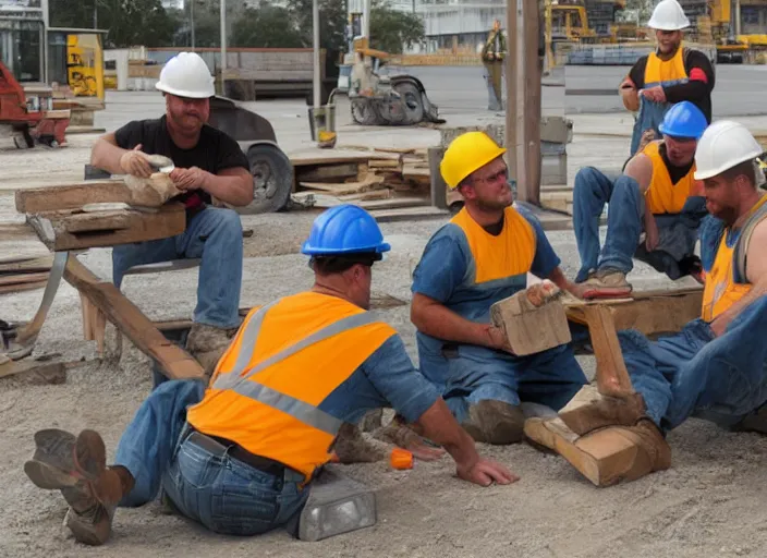 Image similar to construction workers enjoy their lunch break, art by thomas anshutz and paul cadmus and george quaintance