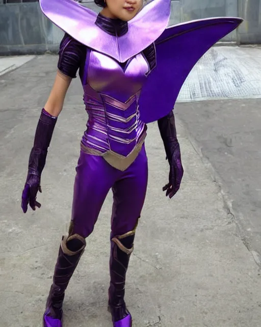 Image similar to a beautiful indonesian woman with a pixie like hairdo and elf ears wears a purple futuristic armored superhero costume, photorealistic