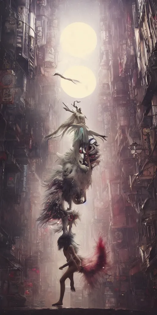 Prompt: hyper realistic Princess Mononoke attacking luminescent ghost, ornate mask, wet market street, cyberpunk metropolis, city landscape, jewels, full body pose, full moon, style of tom bagshaw, mucha, james gurney, norman rockwell, denoised, sharp