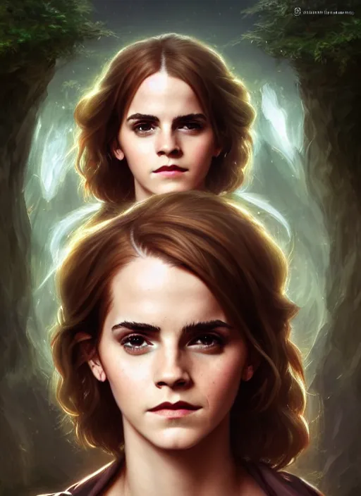 Image similar to emma watson as magic druid, shiny background, intricate, elegant, highly detailed, digital painting, artstation, concept art, smooth, sharp focus, illustration, artgerm, bouguereau