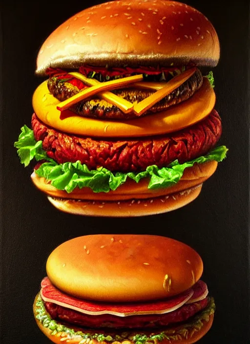 Image similar to oil portrait of a hamburger, intricate, elegant, highly detailed, lighting, painting, artstation, smooth, illustration, art by greg rutowski and alphonse mucha